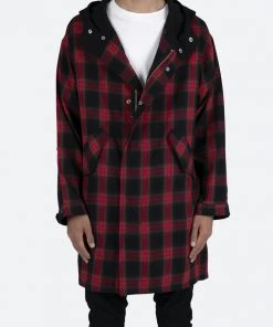 Mnml Hooded Flannel Trench - Black/Red