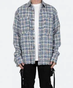 Mnml Raw Edge Flannel - Blue/White Tops