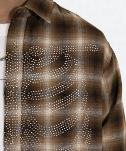 Mnml Rhinestone Skeleton Flannel Shirt - Brown