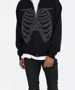 Mnml Rhinestone Skeleton Zip Up Hoodie - Black Outerwear