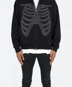 Mnml Rhinestone Skeleton Zip Up Hoodie - Black Outerwear