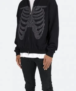 Mnml Rhinestone Skeleton Zip Up Hoodie - Black Outerwear